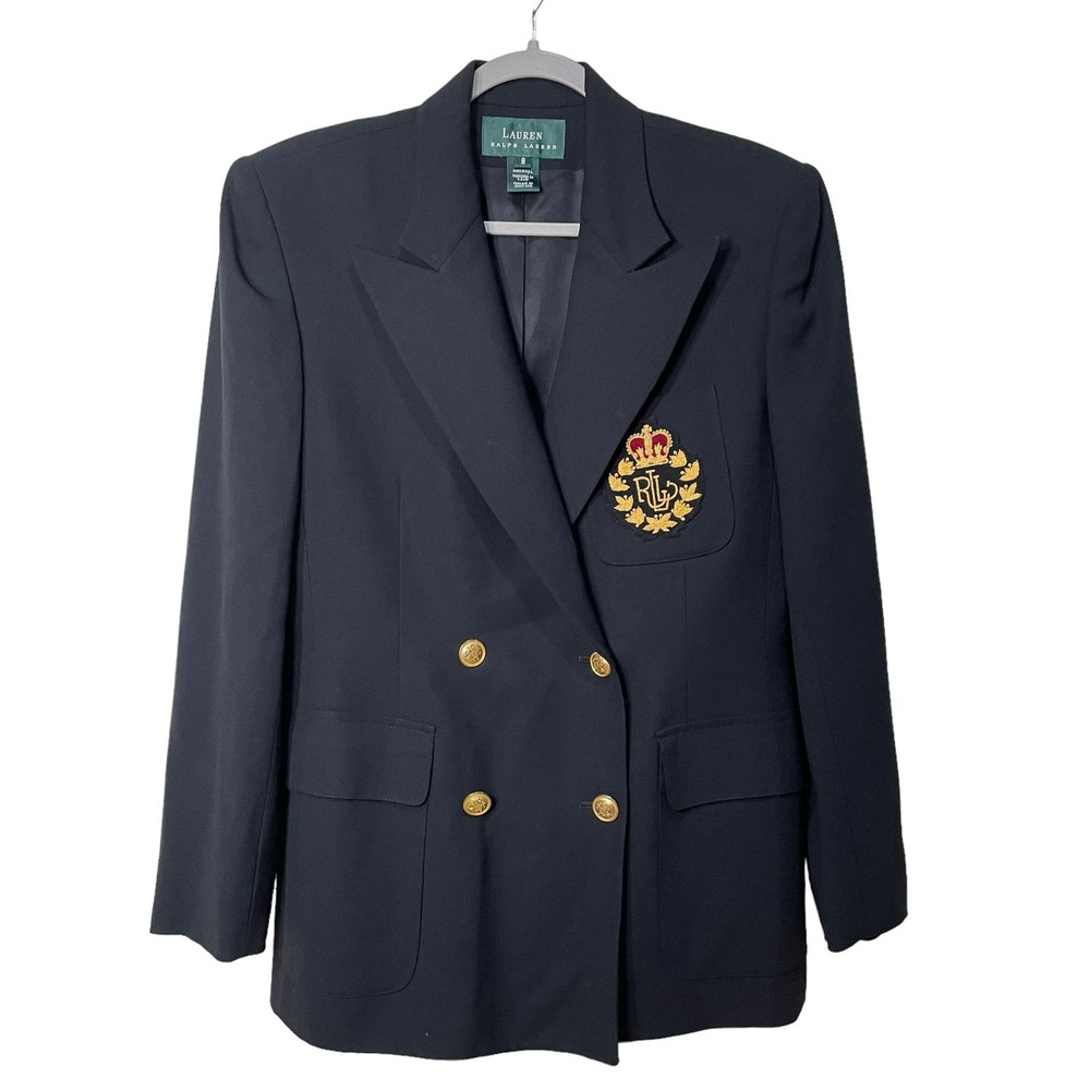 Lauren Ralph LRL Vintage Women's Black Wool Crested Blazer Jacket Gold Size 8